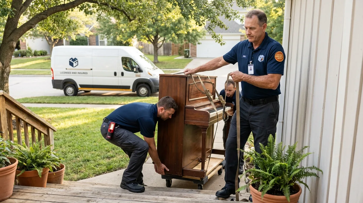 Licensed piano movers securing grand piano in Danvers, IL