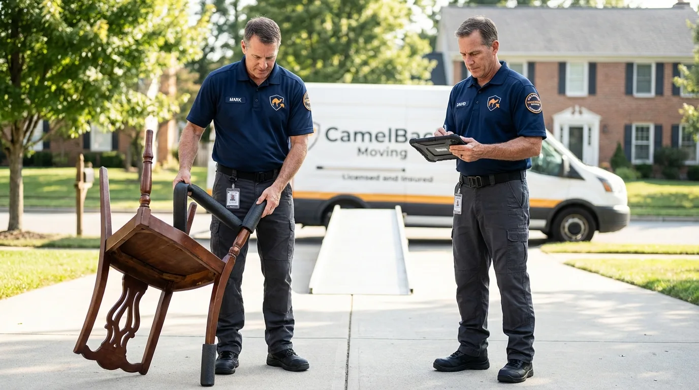 Movers inspecting furniture for damage prevention before loading in Danvers, IL