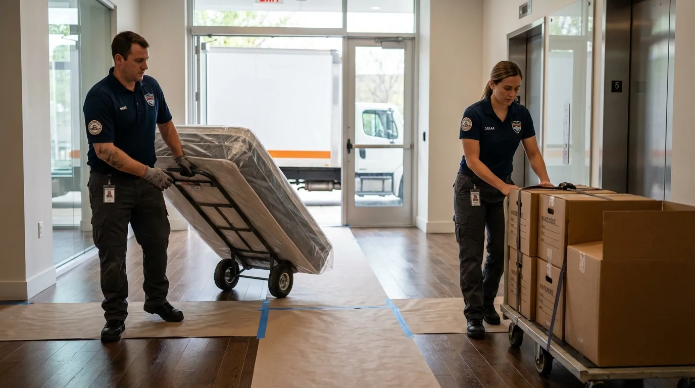 Professional apartment movers loading elevator in Danvers, IL